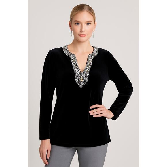 Cachet Vintage Black Velvet Beaded Blouse Top - Picture 9 of 9